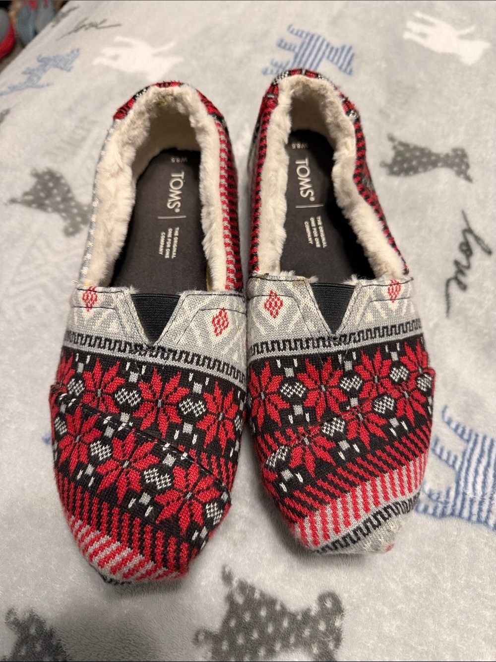 TOMS Red & Black & Gray Fair Isle Moccasin Slippers